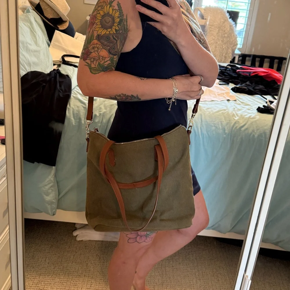 Olive Green Canvas Laptop Tote Bag Brown Shoulder Strap